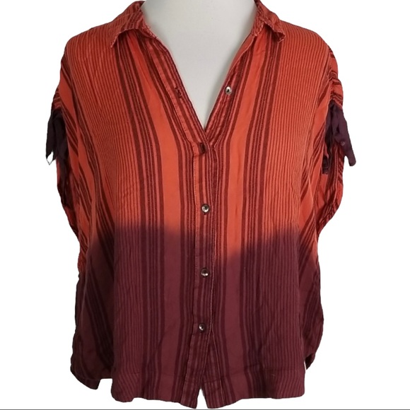Free People size medium ombré button up maroon & orange striped short sleeve top - Picture 12 of 14